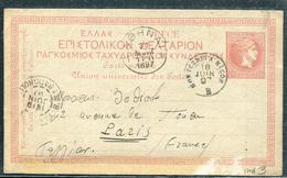 GRECE - ENTIER POSTAL CP TYPE MERCURE 10 L ROUGE D'ATHENES LE 11/6/1897 POUR PARIS - B - Ganzsachen