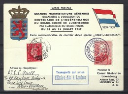 Carte Commémorative Du Courrier Aérien Spécial " Esch - Londres " En 1939, Affranchissement Mixte - Lettres & Documents