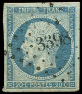 EMPIRE NON DENTELE - 14Ad 20c. Bleu Sur Vert Obl. PC 3398, TTB. C - 1853-1860 Napoleon III