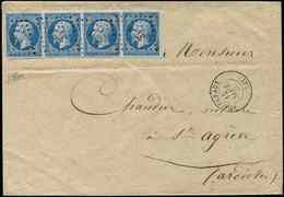 Let EMPIRE NON DENTELE - 14A  20c. Bleu, BANDE De 4 Obl. PC 3701 S. Env., Càd T15 YSSINGEAUX 12/9/60, TTB - 1853-1860 Napoleon III