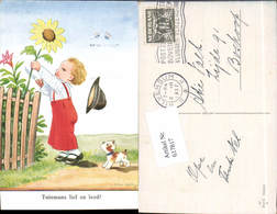 617817,Künstler AK John Wills Willi Scheuermann Humor Sonnenblume Hund Kind - Scheuermann, Willi