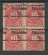 USA 1916 Postage Due Porto 10 C. Michel 41 As 4-block With Pre-cancel Philadelphia * - Franqueo