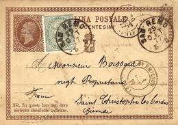 1877- Cartolina Postale Da SAN REMO  + 5 C.  Per L'estero  ( Francia ) - Postwaardestukken