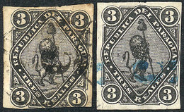 PARAGUAY: Sc.3, 1870 Lion 3R. Black, 2 Examples With Interesting Cancels, One Of Excellent Quality (blue Cancel) And The - Paraguay