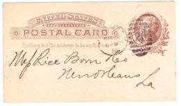 UNITED STATES - 1886 1c Brown Jefferson Postal Stationery Card - Used New York To New Orleans, La. - ...-1900