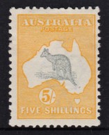 Australia 1913 Kangaroo 5/- Grey & Yellow 1st Wmk MH - Broken Tail Variety - Neufs