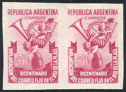 ARGENTINA: GJ.959P, 5c. Bicentennial Of The Postal Service In The River Plate, Imperforate Pair, Tiny Defect On Back, Ve - Autres & Non Classés