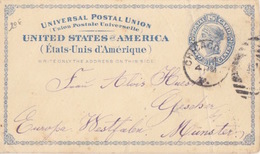 Etats-Unis, Entier Postal-Card Two Cents Bleu Obl. Chicago F. Le 4/8/92 Pour Münster - ...-1900