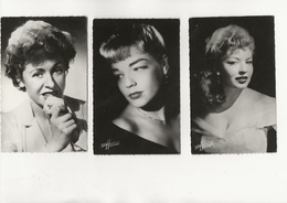 3 CARTES PHOTOS SIGNEES HARCOURT-- PATACHOU- SIMONE SIGNORET- CLAUDINE DUPUIS - TB - Artistes