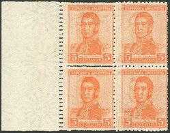 ARGENTINA: GJ.513a, 1920 5c. San Martín With Fiscal Sun Wmk, Block Of 4 With DOUBLE IMPRESSION And Also DOUBLE PERFORATI - Covers & Documents