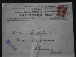 FRANCE TIMBRE 139 SEMEUSE LETTRE ENVELOPPE PLI COURRIER FLAMME PARIS DEPART JEUX OLYMPIQUES JO 1924 FONDERIE TAUPINARD - Ete 1924: Paris