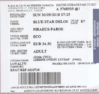 GREECE - 2018   PIRAEOS - PAROS -  Ticket For Boat Trip  -voyage En Bateau - Europa