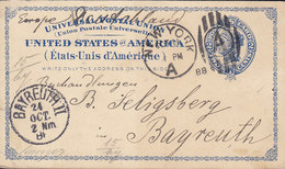 United States Postal Stationery Ganzsache Entier NEW YORK 1888 BAYREUTH (Arr.) Bayern Catalog Protestantische Teologie - ...-1900