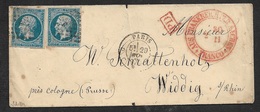 France - 2 X 20c Empire A Widdig, Prusse - Transit AUS FRANKREICH PER AACHEN - FRANCO - Signé Scheller - 1853-1860 Napoleon III