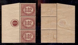 REGNO - 1875 - 2 Cent (1) - Striscia Verticale Di 3 Bordo Foglio Con Numero Di Tavola (1 In Cerchio) - Gomma Integra - Otros & Sin Clasificación