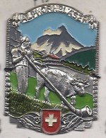 ALPHORNBLASER VACHE KUH COW HORN ECUSSON PLAQUE METAL EMAILLEE CANNE RANDONNEE BLASON WAPPEN SCHWEIZ SUISSE SWIZZERLAND - Travel Posters