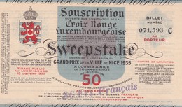 BILLET CROIX ROUGE LUXEMBOURGEOISE  , SWEEPSTAKE Grand Prix De Nice 1935 Serie C - Lussemburgo