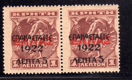 GREECE GRECIA HELLAS 1923 SURCHARGED 1922 ON CRETE PAIR 5 LEPTA On 1l MNH - Ungebraucht