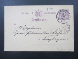 AD Württemberg 1888 Ganzsache Stempel K1 Niederstetten Nach Creglingen Mit Ak Stempel K2 Creglingen - Postwaardestukken