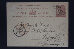 GOLDCOAST Postcard HG P1  ACCRA -> PAID LIVERPOOL TAXED -> LEIPZIG Germany  23-4-1892 - Gold Coast (...-1957)