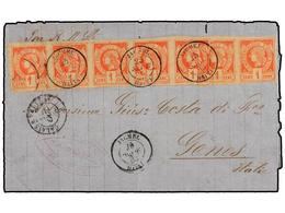 HAITI. Sc.1 (7). 1883. JACMEL A GÉNOVA (Italia). 1 Cto. Rojo, Pareja Y Tira De Cinco, Mat. Fechador De Jacmel. La Tarifa - Sonstige & Ohne Zuordnung