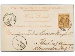 HAITI. Sc.3. 1884. PORT AU PRINCE A BERLÍN (Alemania) Tarjeta Postal Oficial Con Franqueo De 3 Cents. Castaño, Mat. PORT - Sonstige & Ohne Zuordnung