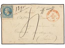 ITALIA. 1869. FRONTAL DE CARTA Circulado De ROMA A FRANCIA Con Sello Francés De 20 Cts. Azul, Mat. Parrilla CER Y Fechad - Autres & Non Classés