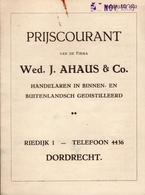 Prijscourant Nov. 1936 Van De Firma Wed. J. Ahaus & Co. Handelaren In Binnen En Buitenlandsch Gedistilleerd Dordrecht - Koken & Wijn