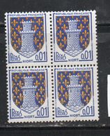 FRANCE N°1051A 0.01 BLEU ET JAUNEB BLASON DE NIORT LYS BLANCS BLOC DE 4  NEUF SANS CHARNIERE - Neufs