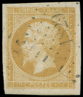 EMPIRE NON DENTELE - 13Al 10c. Citron, Impression Défectueuse T I, Obl. PC 1829, Frappe Légère, TTB - 1853-1860 Napoléon III