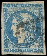 EMISSION DE BORDEAUX - 44A  20c. Bleu, T I, R I, Obl. GC, TB. C - 1870 Bordeaux Printing