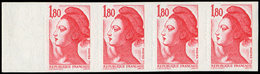 ** VARIETES - 2220   Liberté, 1,80 Rouge, BANDE De 4 Bdf Horiz. NON DENTELE Accidentel, Empreinte Du Peigne Entre Les Ti - Used Stamps