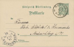 WÜRTTEMBERG "ROTTWEIL" K1 A. 5 Pf Grün Kab.-GA-Postkarte N. "MUENCHBERG", Bayern Ank.-K1, 1899 - Postwaardestukken