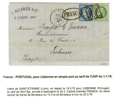 GC 3581 / N° 53 + 60 Càd T 18 ST ETIENNE / LOIRE Sur Lettre Pour Lisbonne. Au Verso, Càd D'arrivée. 1875. - TB / SUP. - 1871-1875 Cérès