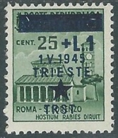 1945 OCCUPAZIONE JUGOSLAVA TRIESTE 1 LIRA SU 25 CENT MH * - UR43-2 - Joegoslavische Bez.: Trieste