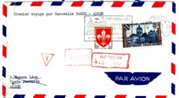 MONTBELIARD Doubs Lettre Par Avion 1° Vol Caravelle Paris-Alger Taxe Retour Envoyeur Non Réclamé Yv 1221 1186 Ob 1959 - 1927-1959 Lettres & Documents