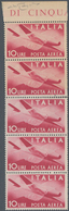 Italien: 1945, 10 L Rose-carmine In Vertical Stripe Of Five With Margin On Top, Two Stamps Printed O - Gebraucht