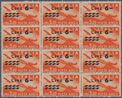 Italien: 1947, 6 L On 3,20 L Orange Overprint Airmal Stamp In Block Of Twelve, Mint Never Hinged ÷ 1 - Gebraucht