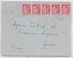 1940 - PAIX BANDE De 5 ! - ENVELOPPE De MARTIZAY (INDRE) => GENEVE (SUISSE) - 1932-39 Paz