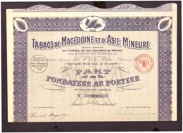 Action. Part De Fondateur Au Porteur. Tabacs De Macédoine Et D'Asie Mineure. S.A 1923. + 22 Coupons N° 80979. - S - V