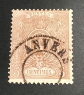 1866-67 5c Brun-gris OBLIT CAD RARE ANVERS SANS DATE Yv. 25 (Belgique Belgium Belgien - 1866-1867 Coat Of Arms