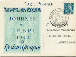 FRANCE CARTE POSTALE FEDERATION DES...... JOURNEE DU TIMBRE 1942 AVEC OBLITERATION ILLUSTREE VOIRON 19 AVRIL 1942 - 1938-42 Mercurius