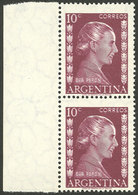 ARGENTINA: GJ.1005a, 1952 10c. Eva Perón, Spectacular Pair With Notable COMPLETE DOUBLE IMPRESSION, Superb! - Sonstige & Ohne Zuordnung