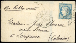 O N°37, 20c. Bleu Obl. étoile ''12'' Sur Lettre Frappée Du CàD De PARIS - BL. BEAUMARCHAIS Du 22 NOVEMBRE 1870 à Destina - Guerre De 1870