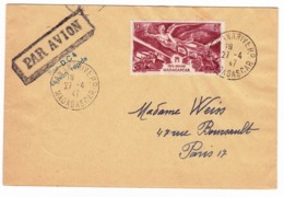 Lettre 1947 Madagascar Poste Aérienne Antananarivo Tananarive Paris Aviation Liaison Rapide Par DC4 - Poste Aérienne