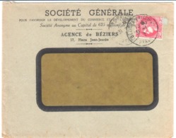 BEZIERS PRINCIPAL Hérault Lettre Entête Société Générale Agence Béziers 2F Rouge Cérès Yv 373 Ob 1942 - Covers & Documents