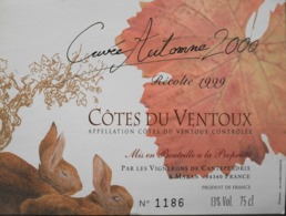 ETIQUETTE De VIN - " CÔTES Du VENTOUX " - 2000 - Cuvée D'Automne Numérotée 13° - 75cl - Parf. Etat  - - Côtes Du Ventoux