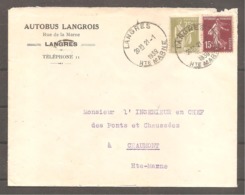 Enveloppe  Avec  15c Semeuse  Et  75c Paix  Oblit  LANGRES   1939 /  Autobus  Langrois - Storia Postale