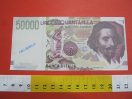 BN.01 BANCONOTA ITALIA LIRE 50.000 CARAVAGGIO FAC SIMILE DI PRESENTAZIONE D'EPOCA X DOCUMENTAZIONE NOT ORIGINAL - 50000 Liras