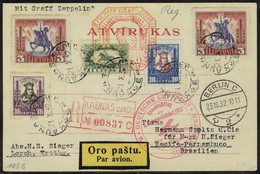 Lettre Zeppelin 9 SAF 1932, CP Recommandée De Kaunas 21.X.32, Càd Berlin 23.10.32, Pour Récife Pernambuco Brésil, Arrivé - Other & Unclassified